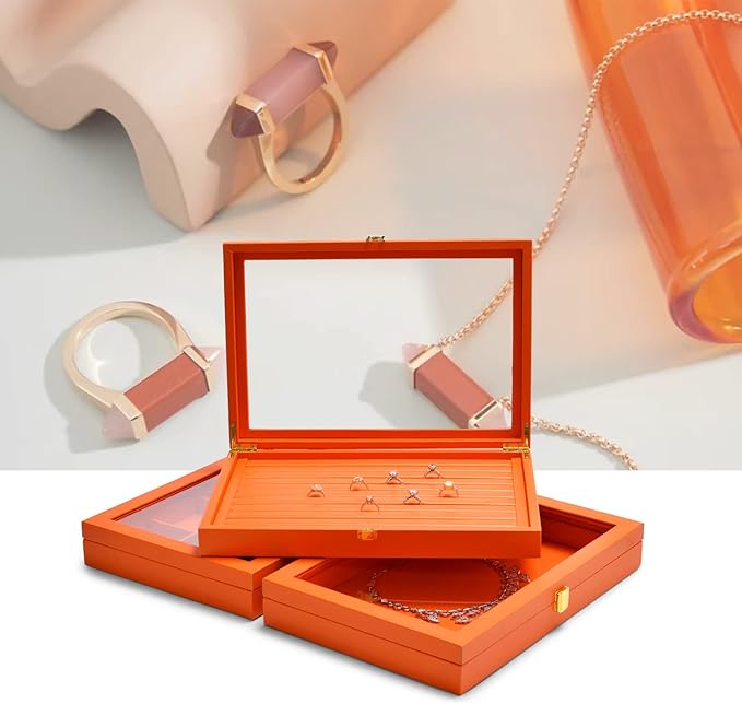 Oirlv Premium Leather Jewelry Display Tray with Acrylic Lid Ring Earrings Organizer Box Clear Lid Drawer Insert for Women