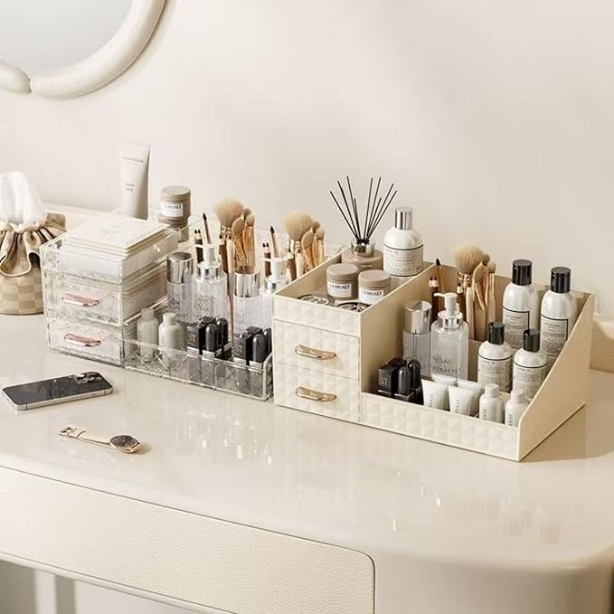 Clear Makeup Organizer for Vanity,Desk Makeup Caddy With Drawers for Cosmetics,Lipsticks Nail Care Skincare Jewelry Countertop Organizers,Cosmetic Display Cases for Bathroom, Dresser (Cream)