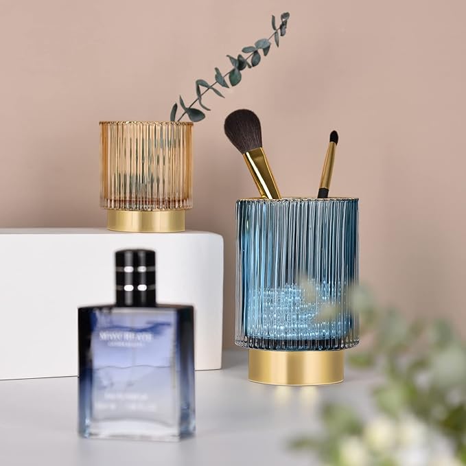 CANITORON Makeup Brush Holder,2 Pack Glass Makeup Brush Holder Organizer Store Cosmetic Tools,Eyeliner,Storage Organizer for Vanity,Bathroom and Bedroom Countertop Storage.(Amber S+L)