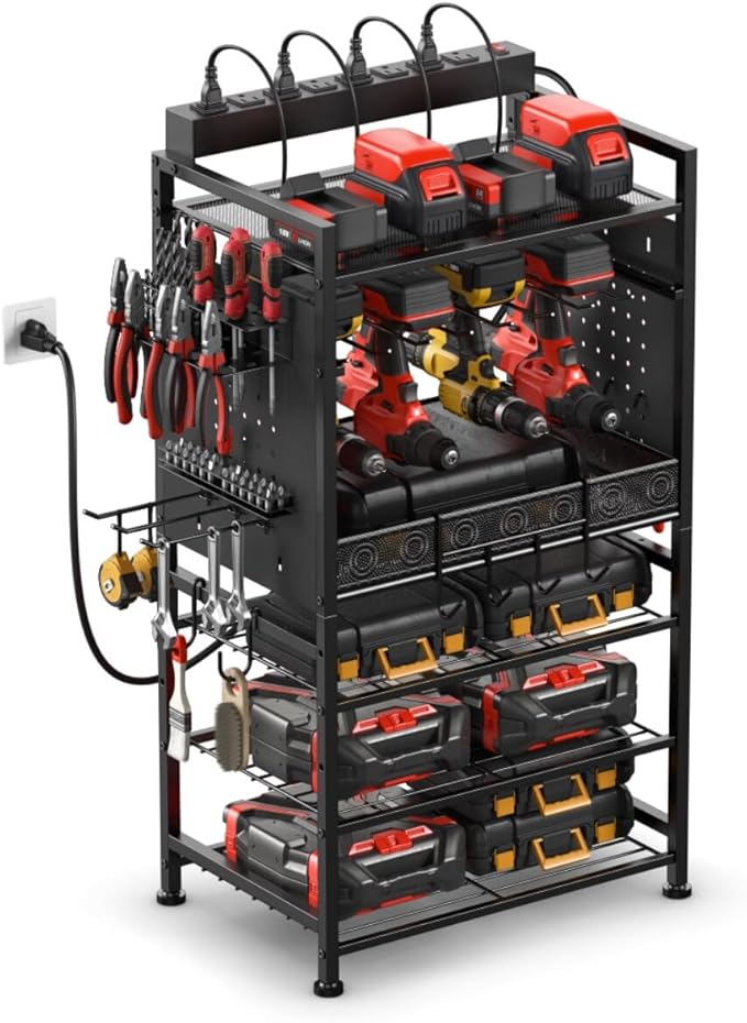 JUNNUJ Power Tool Organizer Floor Stand with Charging Station, Garage Adjustable Storage Rack Utility Tool Shelf with 8 Outlet 10 FT Power Strip, Heavy Duty Drill and Battery Holder