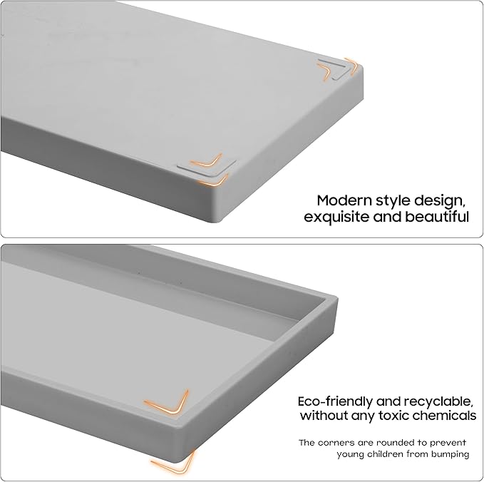 Vanity and Bathroom Tray, 9.8" ABS Countertop Organizer,Waterproof Vanity Tray for Toilet Tank,Perfume,Soap,Keys,Bathroom Accessories,Kitchen and Bath Trays,Non Slip Small Trays,Gray,2 Pack