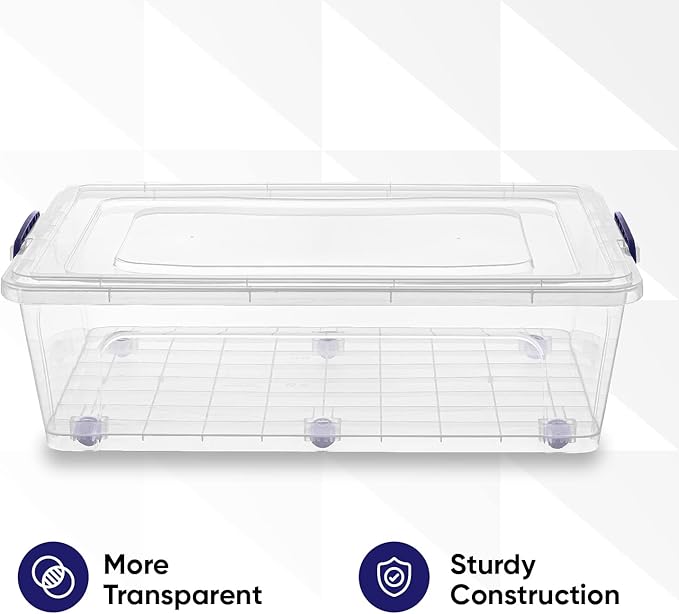 Superio Storage Bins with Lids- Clear Boxes for Organizing, Stackable Plastic Containers- BPA Free, Non-Toxic, Odor Free, Organizer for Home, Office, Dorm (8 Pack, 42 Qt (Under Bed-Wheeled))
