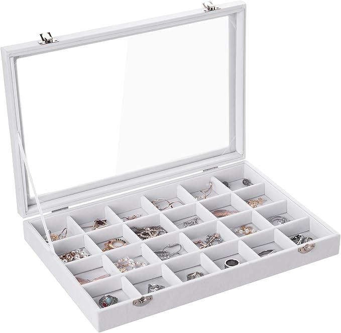 Frebeauty Jewelry Organizer Tray with Clear Lid 24 Grid Velvet Drawer Insert Jewelry Storage box with Transparent Glass lid Jewelry Display Case with Lock Gifts for Girls Women (White, 24 Grid)