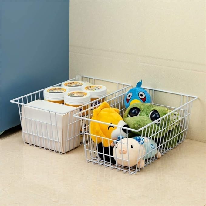 Freezer Wire Storage Organizer Bin Baskets with Handles, Metal Wire Baskets Storage for Organizing Fridge, Closets, Pantry, Kitchen, Garage, Bathroom, White - 4 Pack