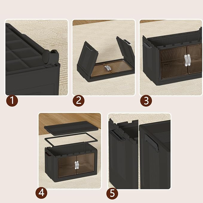 Stackable Storage Bins with Lids and Wheels for Home Organization-Large Foldable Containers Plastic Wheel Collapsible Storage Cabinet Boxes for Home, Pantry, Office (S, Gray 2-Tier)