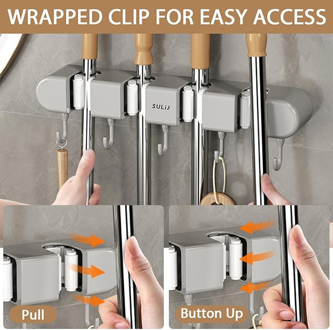 2Pcs Broom Holder Wall Mount, No-Drilling Self-Adhesive Mop and Broom Storage Rack (4 Racks with 5 Hooks),Wall-Mounted Broom Hanger for Bathroom, Kitchen, Closet, Garage, Grey