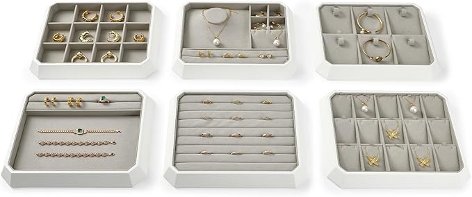 Premium PU Leather Stackable Jewelry Ring Display Tray Ring Earring Display Holder Organizer Showcase(Grey)