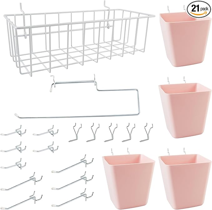 G.CORE Peg Board Organizer 21 Pack, Pegboard Accessories with Baskets Cups Hooks - 1/8" & 1/4" Peg Board Wall Tool Organizers, Utility Holders & Hangers for Garage Craft Workbench