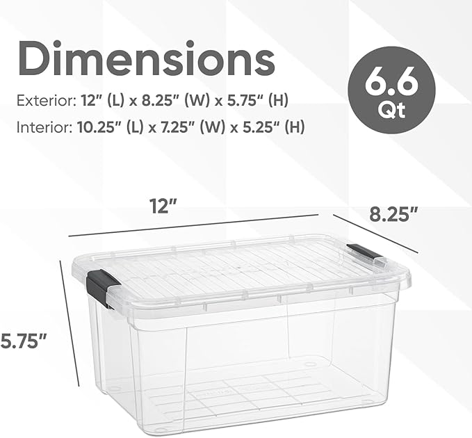 Superio Storage Bins with Lids- 8 Pack, 6.6 Qt Clear Boxes for Organizing, Stackable Plastic Containers- BPA Free, Non-Toxic, Odor Free, Organizer for Home, Office, Dorm