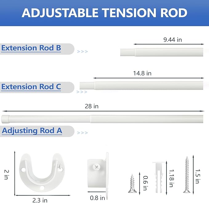 Closet Rod, 17 to 82 Inch Closet Rods for Hanging Clothes, Heavy Duty Adjustable Closet Hanging Rod Bar White Closet Poles for Wardrobes, Closet, Bathroom, Windows,1.3 Inch Diameter