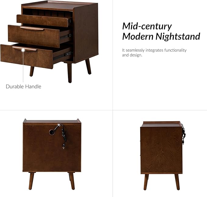 HULALA HOME 2 Drawer Nightstand with Charging Station, Mid-Century Modern Bedside Tables with Wood Legs, Wood Night Stand with Pull-Out Shelf Set of 2, Walnut