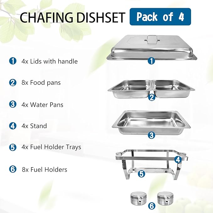 Chafing Dish for Buffet, 6 Pack Stainless Steel Chafing Servers Food Warmer Set with 8QT Half Size Food Pan for Kitchen Party Banquet Dining