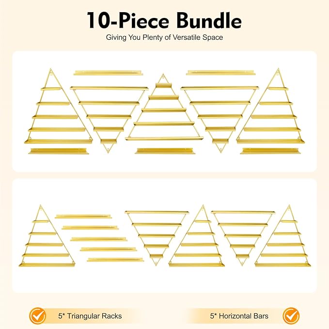 Elegant Wall Mounted Nail Polish Storage Rack Set of 10 Triangular Cosmetic Display Shelves for Essential Oil Bottles, Organize Your Lipsticks and Perfumes in Style at Home or Salon (Gold)