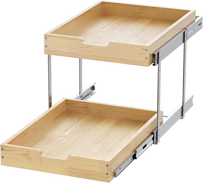 Wood Pull Out Cabinet Organizer 2 Tie 26" W x 21" D, Heavy-Duty Sliding Drawers for Inside Cabinets Storage and Organization for Kitchen, Pantry, Bathroom