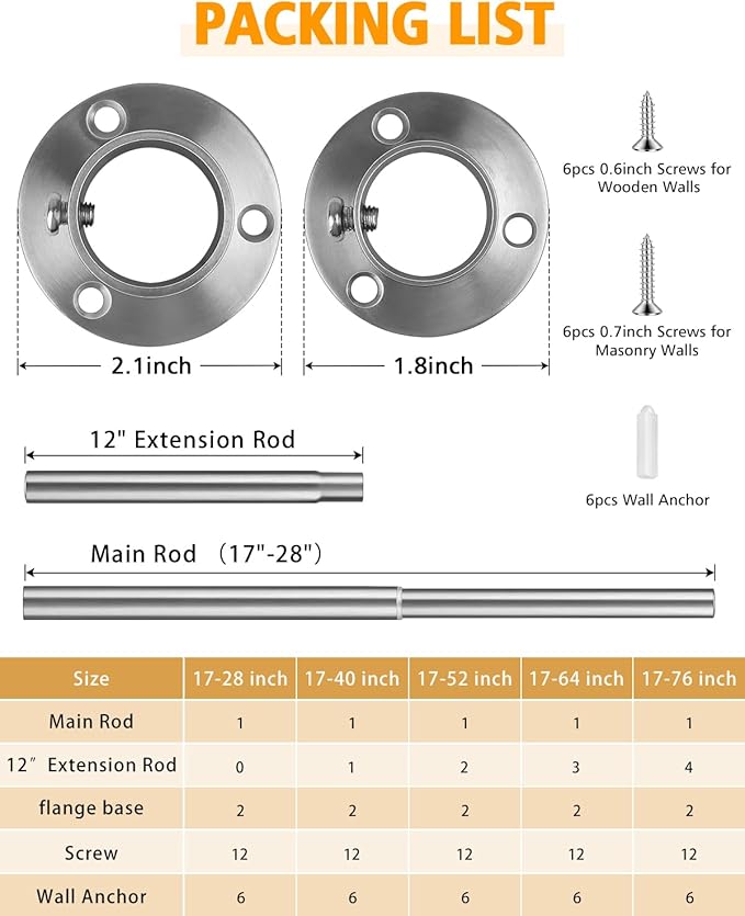 Closet Rods for Hanging Clothes, 17-76 Inch Heavy Duty and Stepless Adjustable Closet Poles, Stainless Steel Closet Hanging Rod for Closet, Wardrobes, Laundry Room, Bathroom, RV (Silver)