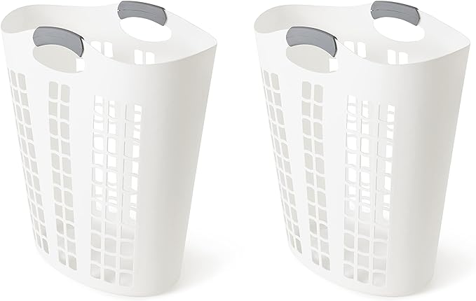 Gracious Living Easy Carry Flex Hamper, Large 87.5 Liter Lightweight Plastic Ventilated Laundry Basket Clothes Bin with Handles, White (2 Pack)