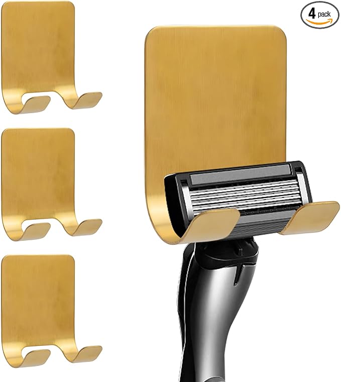 4-Pack Self-Adhesive Waterproof Hooks - Heavy-Duty Metal Razor Holder for Shower, Bathroom or Kitchen Organization,Stylish Gold Towel & Loofah Wall Hangers