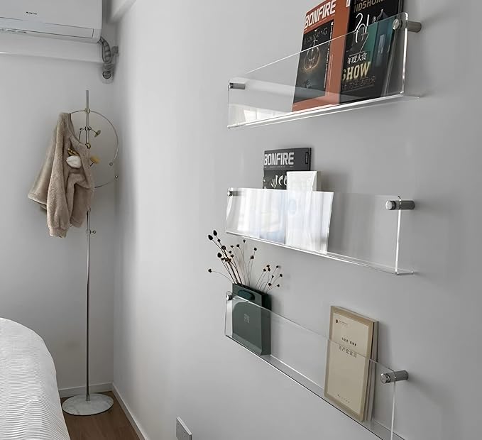4-Pack 17" Acrylic Magazine Holder Vinyl Records Holder, Display Floating Bookshelves Wall Mounted, Hanging Nursery Book Shelves for Waiting Room, Living Room, Office