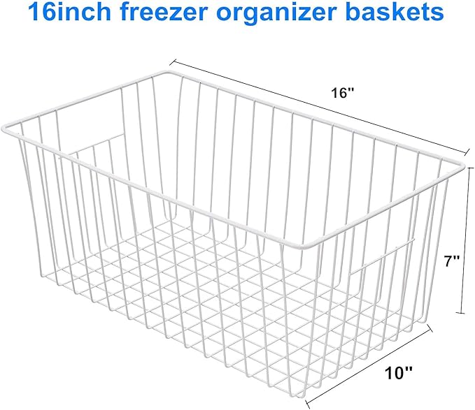 16" Upright Freezer Organizer Baskets, Wire Storage Bins Large Bakset for Freezer, Pantry, Kitchen, Bathroom Organizing, White, Set of 4