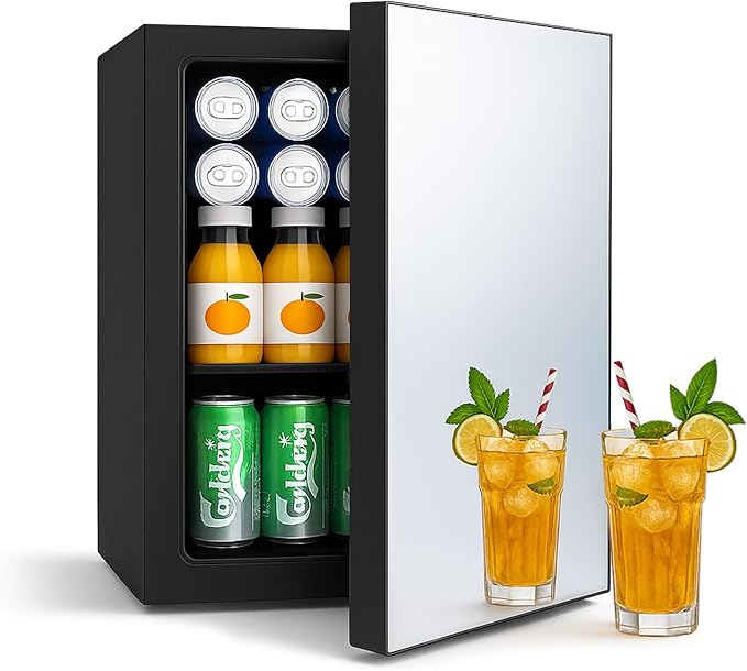 Compact Mini Fridge - 24 Cans/0.95 Cu.Ft Beverage Refrigerator with Mirrored Door & Digital Thermostat, Small Cosmetics Cooler for Skincare, Drinks, Food, Office, Dorm, Black