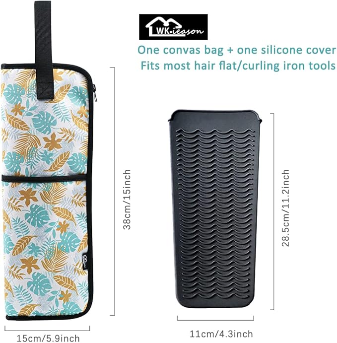 2 Pieces Hair Flat Iron Case Holder Canvas Bag Heat Resistant Curling Iron Silicone Straightener Holder Mat for Hair Tools Curling Iron Organizer Bag (Leavies)