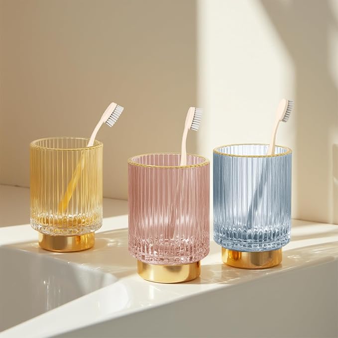 Makeup Brush holder Organizer, Crystal Glass Toothbrush Holders, Striped Make Up Brush Holder for Vanity, Pen Holder for Desk, Vase -Pink (S+L)