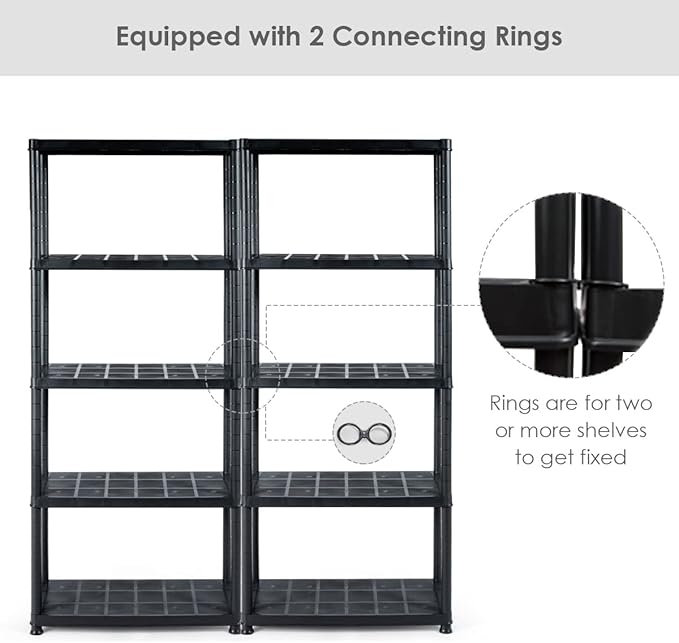 IRONMAX 5-Tier Garage Shelving Unit, Plastic Storage Rack with 4 Wall Brackets, Heavy Duty Shelf Organizer for Indoor and Outdoor, Black (2, 36”L X 18”W X 73”H)