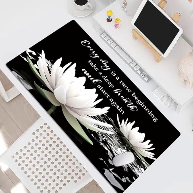 LB Black and White Floral Mouse Pad Plant Flower with Inspirational Quotes Large Mouse Pad for Desk Modern Aesthetic Desk Pad for Office and Home Non-Slip Rubber Base Mouse Mat 15.75L X 31.5W Inch