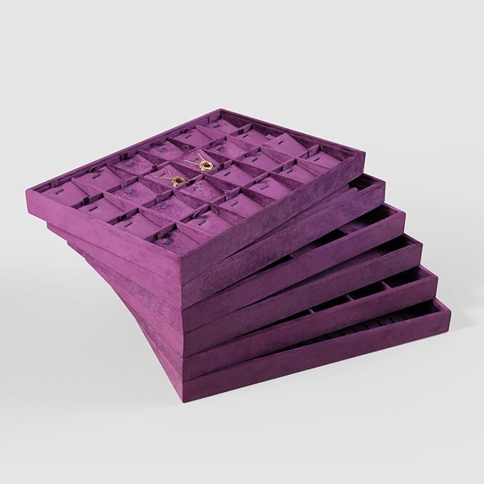 Velvet Stackable Jewelry Display Tray, 12 Grid Watch Bangle Bracelet Storage Tray, Makeup Drawer Insert Jewelry Shop Organizer Plate (Purple)
