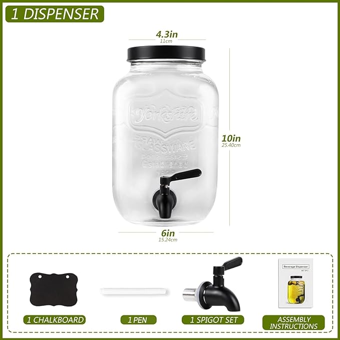 1 Gallon Drink Dispenser with Spigot 18/8 Stainless Steel – Airtight & Leakproof Glass Sun Tea Jar with Anti-Rust Lids, Beverage Dispenser for Parties (Black)
