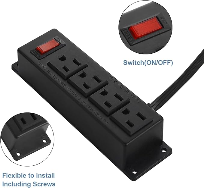 Wall Mount Power Outlet Strip, 4 Outlet Mountable Power Strip with Switch, Under Desk Power Strip Connect with 6ft Cord Mount Under Desk, Workbench, Nightstand, Dresser, Table.(Black)