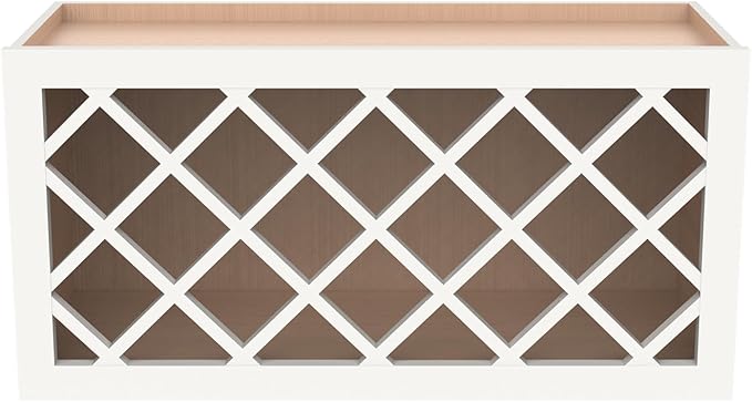 Solid Wood RTA Wine Bottle Rack Wall Cabinet with Lattice Panels and Wine Storage - Mocha (Origami White, 36'W 12'D 18'H) for Bar, Pantry, Cellar, Countertop
