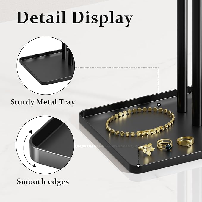 pickpiff Jewelry Stand Organizer, 14.5" Tall Sturdy Metal, 3-Tier Jewelry Holder for Necklace, Earring, Bracelet, Ring, Hanger for Display and Storage, Aesthetic Room Decor, Black