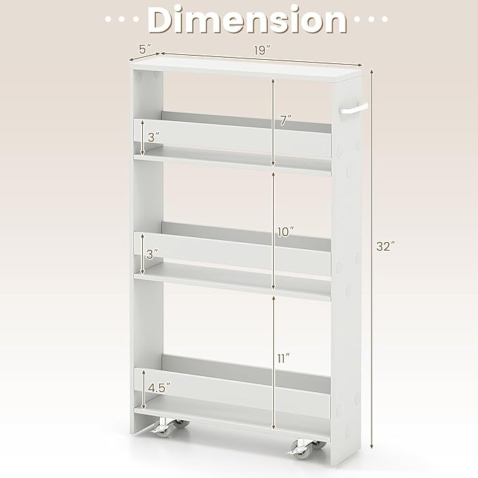MAT EXPERT Slim Rolling Storage Cart, 4-Tier Freestanding Slim Storage Cart with Wheels 360 Degree & Metal Handle, Wooden Utility Cart for Narrow Kitchen, Laundry Room, Bathroom (Plain White)