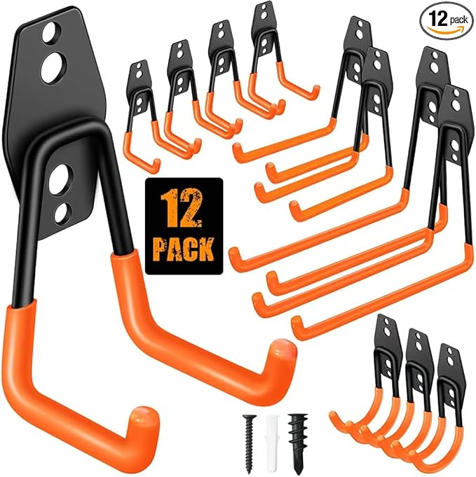 Garage Hooks Pack of 12, Garage Storage System Hooks for Hanging Ladders, Bicycles, Power Tools and More Tools