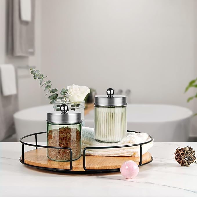 Amolliar Sage Green Qtip Holder, Glass Apothecary Jar Metal Lid & Sticker, Bathroom Qtip Dispenser Storage Canister, Perfect for Cotton Balls, Swabs, Round Pads, Bath Salt, Floss,Brushed Nickel 2 Pack