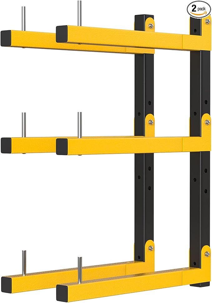 Lumber Rack Wall Mount Storage Racks Folding Wood Organizer Heavy Duty Shelf Brackets With 3-Level 360 Lbs Capacity Yellow Metal Utility Racks Garage Wall Shelving for Indoor and Outdoor Use (2 Pack)