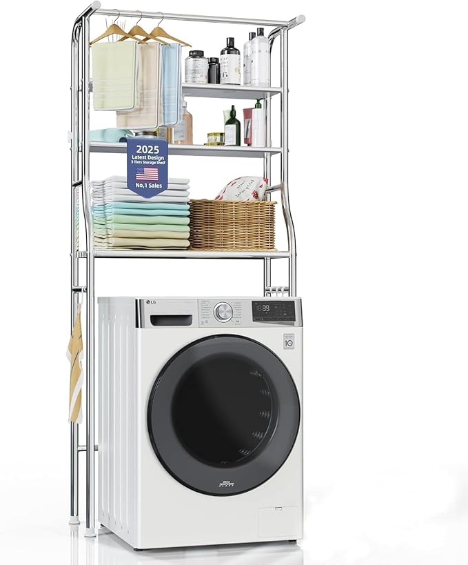 Over The Washer and Dryer Storage Shelf, 3 Tier Laundry Room Metal Drying Rack with Towels Hangers, Space Saver Organizer for Hanging Clothes and Towels (Stainless Steel RA1)