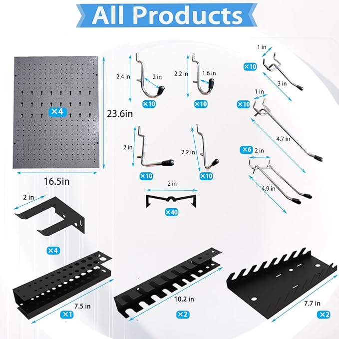 JZD 115 PCS Metal Pegboard Wall Organizer 4 Packs Metal Pegboard Kit 66x24 Inch Pegboard Panels Tool Organizer Kit with Accessories Hooks for Garage, Tool Storage,Craft Room