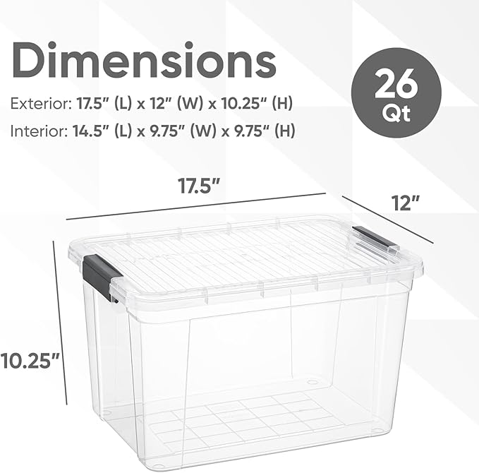 Superio Clear Storage Box with Lid, 26.5 Quart Plastic Container Bins for Organizing, Stackable Crates, BPA Free, Non Toxic, Odor Free, Organizers for Home, Office, School, and Dorm