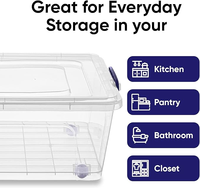 Superio Storage Bins with Lids- Clear Boxes for Organizing, Stackable Plastic Containers- BPA Free, Non-Toxic, Odor Free, Organizer for Home, Office, Dorm (6 Pack, 42 Qt (Under Bed-Wheeled))