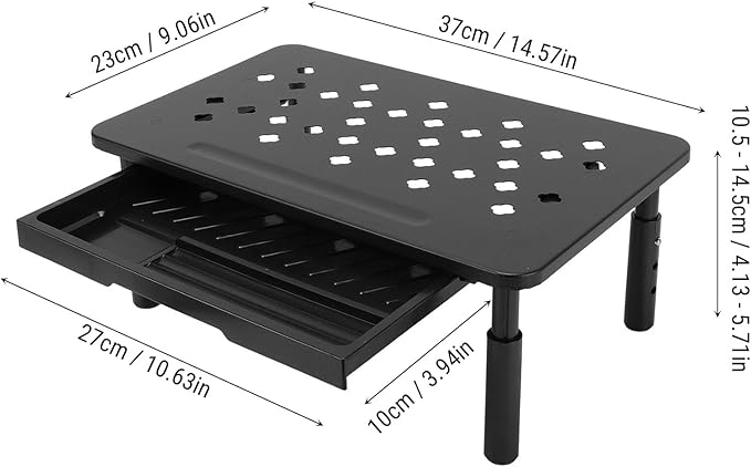 Diyeeni Computer Monitor Stand Riser, Desk Organizers and Accessories with Drawer, Laptop Stand for Desk, Adjustable Height 10.5-14.5cm, 20KG Bearing, Ventilation Hole (black)