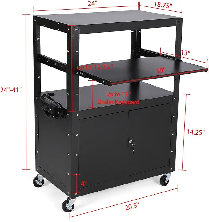 Mobile AV Cart with Locking Storage Cabinet, Adjustable Laptop Stand & Drop Leaves, Rolling Workstation with Power Outlets for Classroom, Office, or Home Use