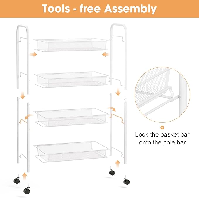 TOOLF 4-Tier Rolling Cart, Metal Utility Cart with 3 Hooks, Easy Assemble Mobile Storage Trolley On Wheels, Metal Shelving Units Kitchen Bathroom Laundry Room