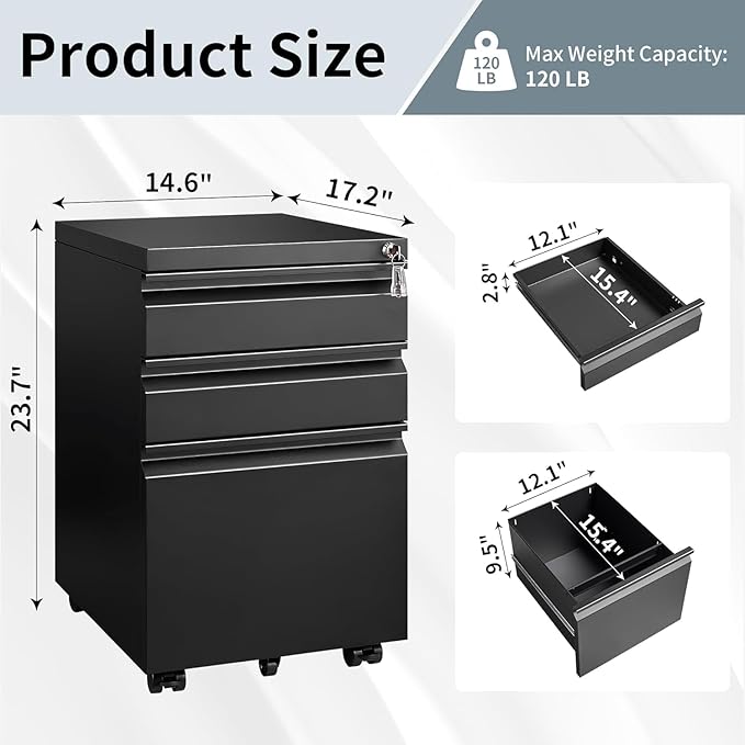 Filing Cabinets for Home Office, Mobile File Cabinet with Lock, 3 Drawer Filing Cabinet for A4/Letter/Legal Size Folder, Fully Assembled Except Casters, Matte Black