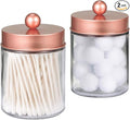 Amolliar Apothecary Jars Bathroom Storage Organizer -Countertop Storage Organizer Canister - Attractive Qtip Dispenser Holder Glass with Lid- for Cotton Swabs,Bath Salts,Hair Band / 2-Pack(Rose Gold)