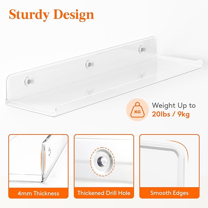 Lifewit Floating Shelves for Wall, 8 Pack Clear Acrylic Shelf 15" Room Decor for Bookcase/Vinyl Record Display/Photo/Picture in Bedroom, Living Room, Bathroom, Kitchen Storage and Organization