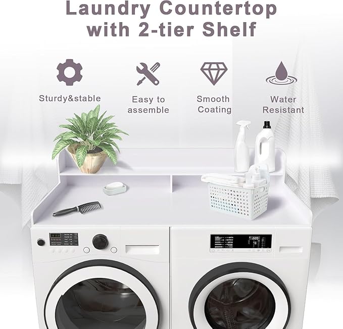 2-Tier Washer and Dryer Countertop Shelf, White Laundry Topper with Non-Slip Pads, Laundry Room Storage & Organization for Small Apartment Kitchen