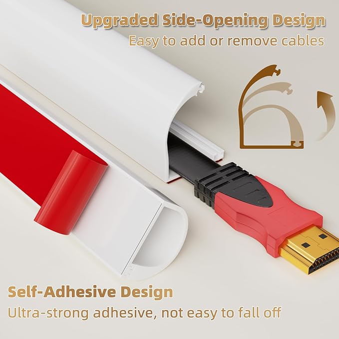 39" Side Open One Cord Hider (<1/4") for Wall Mounted Tv,Extension Cable Cover to Hide Conceal Cords Along Wall,Wire Raceway Management Cable Concealer Channel,Electric Cord Organizer Wiremold,White