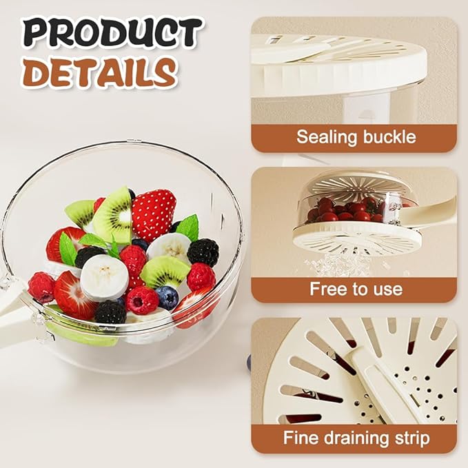 Multi-Functional Fruit and Vegetable Washing Bowl, Fruit Strainer Container with Lid, 2 In 1 Sealed Drainer Basket, Drainer and Freshness Basket, Kitchen Tool with Foldable Handle (Brown)